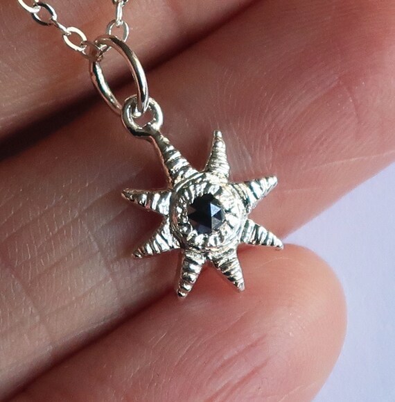 Sterling Silver and Black Rose Cut Diamond Celestial Charm Necklace