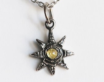 Blackened Sterling Silver and Yellow Rose Cut Diamond Celestial Charm Necklace