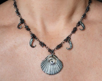 Wicked Mermaid Scallop Shell & Tentacle, Blackened Sterling Silver, Opal Charm Necklace