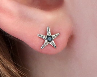 Sterling Silver & Black Diamond Tiny Starfish Earrings-1 Pair
