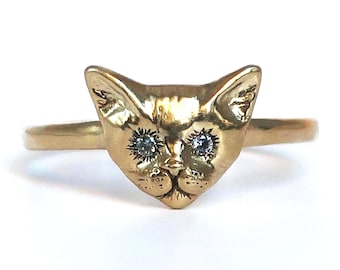 Gold Tone Kitty Cat Ring with Aquamarine Eyes