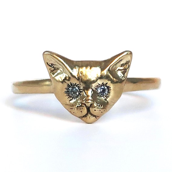 Gold Tone Kitty Cat Ring with Aquamarine Eyes