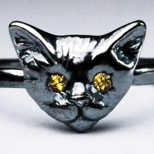 Black Sterling Silver Kitty Cat Ring with Jeweled Eyes-multiple gemstone options