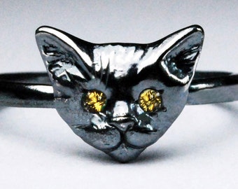 Black Sterling Silver Kitty Cat Ring with Jeweled Eyes-multiple gemstone options