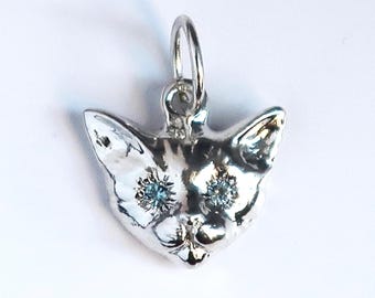 Small Sterling Silver Kitty Cat Charm with Aquamarine Eyes