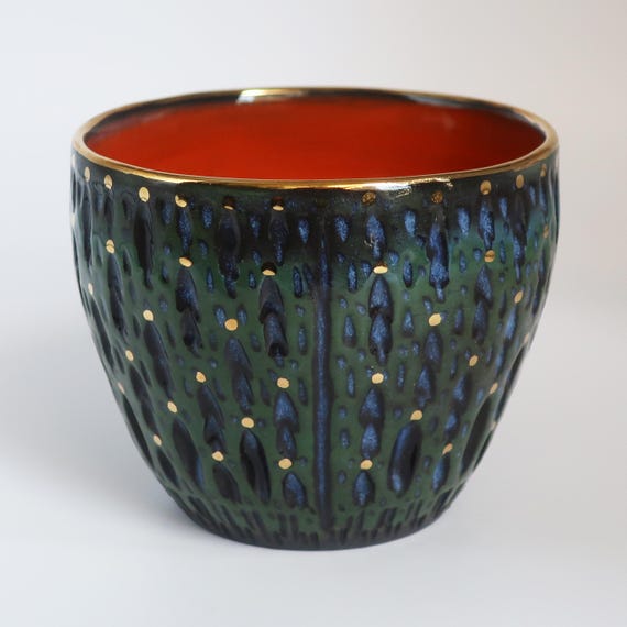 Witch's Brew Tumbler. Hand-thrown, carved, and glazed black porcelain with 22k gold luster.