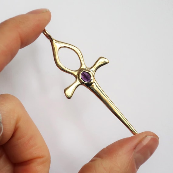 Brass and Amethyst Ankh Dagger Pendant-Ready to Ship