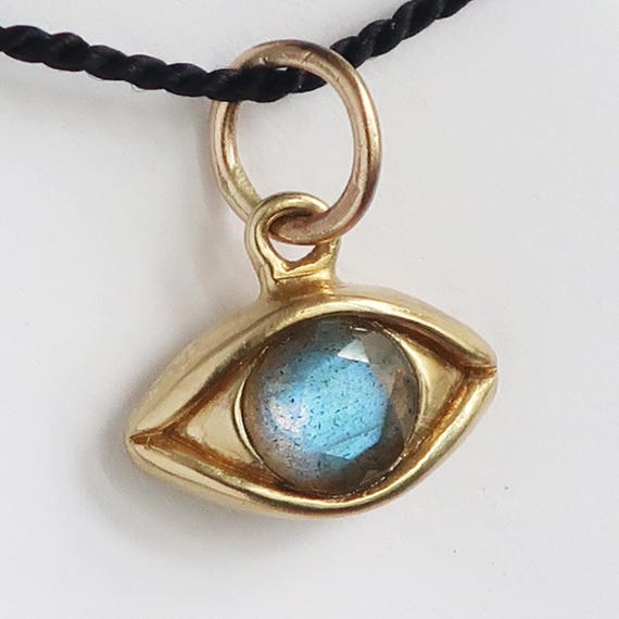 Large Brass & Faceted Labradorite Eye Charm with Rainbow Fire