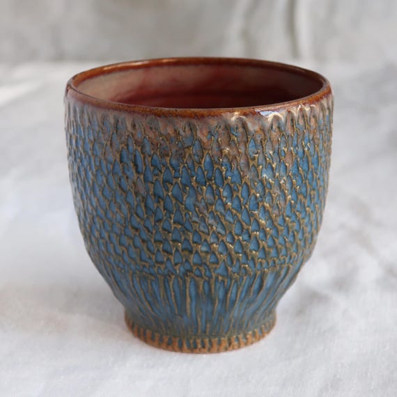 Norse Blue, Cinnabar Sand Dragon Mead/Wine Cup-Honey Brown Carved Stoneware-One of  A Kind