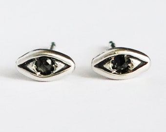 Sterling Silver with Black Diamond Evil Eye Stud Earrings