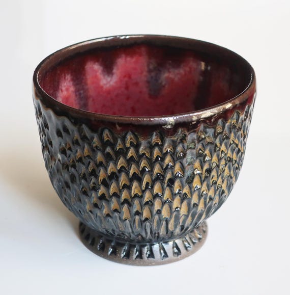 Tiger's Eye, Cinnabar Dragon Mead/Wine Cup-Dark Brown Carved Stoneware-One of  A Kind