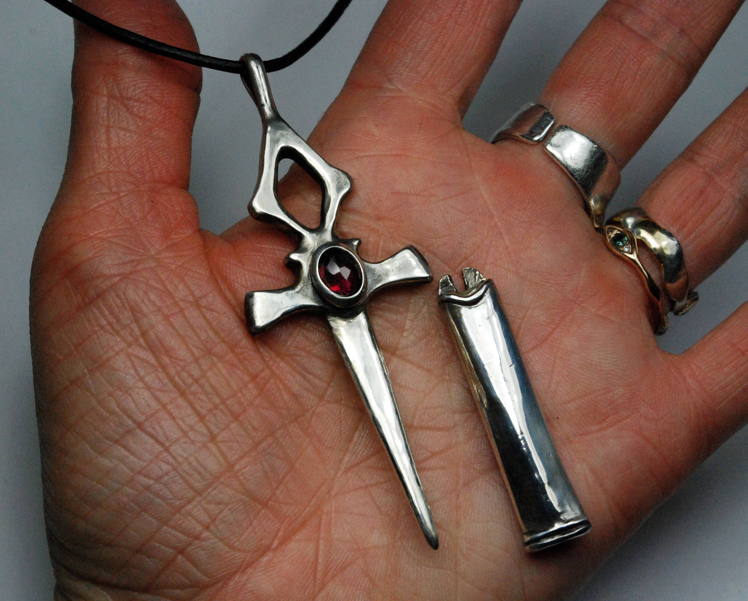 Sterling Silver and Garnet Ankh Dagger Pendant-#1