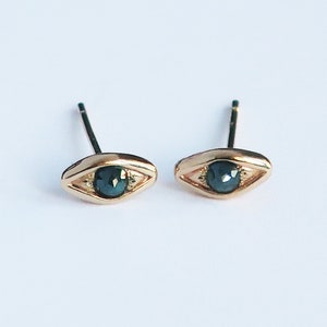 Solid Gold with Blue Diamond, Evil Eye Stud Earrings-Ready to Ship image 2