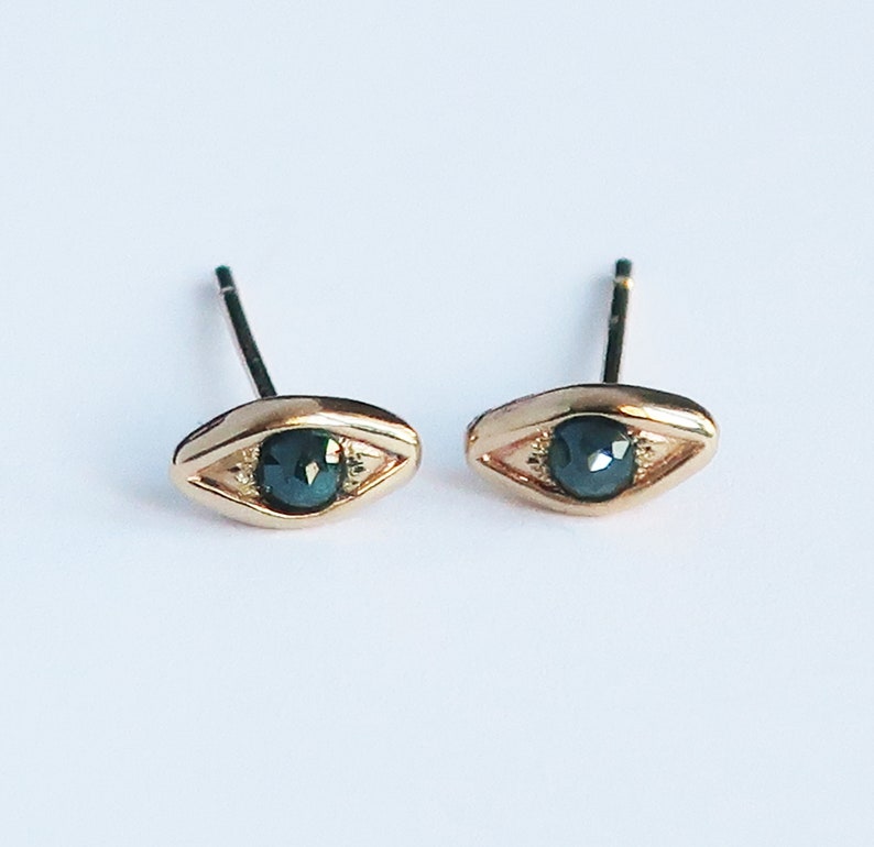 Solid Gold with Blue Diamond, Evil Eye Stud Earrings-Ready to Ship image 2