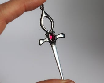 Sterling Silver and Garnet Ankh Dagger Pendant-Ready to Ship
