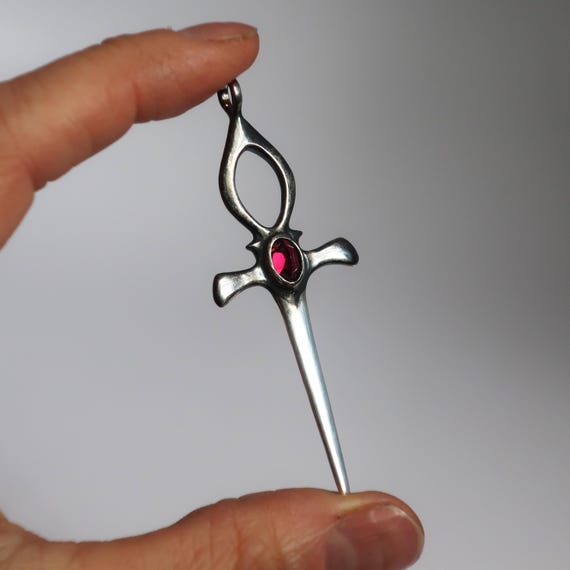 Sterling Silver and Garnet Ankh Dagger Pendant-Ready to Ship