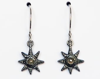 Ready to Ship-Black Oxidized Sterling Silver and Warm Grey Rose Cut Diamond Celestial Earrings