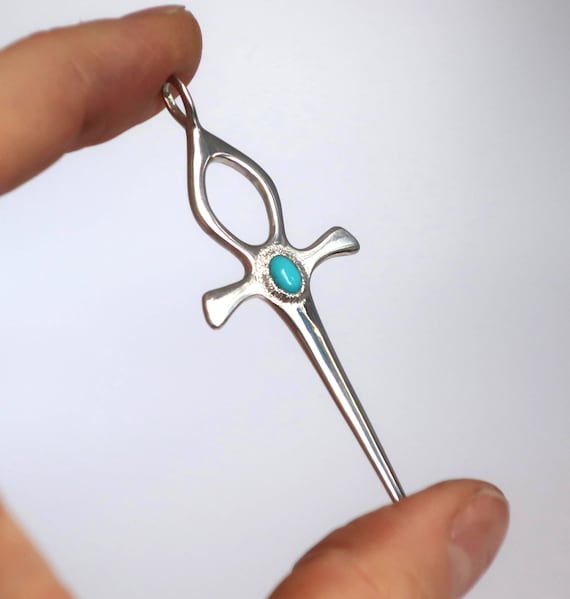 Sterling Silver and Turquoise Ankh Dagger Pendant-Ready to Ship