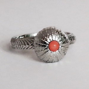 Sterling Silver and Pink Coral Cushion Sea Urchin Ring, size 6.75
