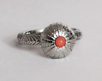 Sterling Silver and Pink Coral Cushion Sea Urchin Ring, size 6.75