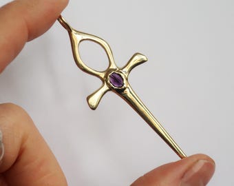 Brass and Amethyst Ankh Dagger Pendant-Ready to Ship