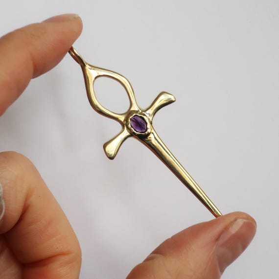 Brass and Amethyst Ankh Dagger Pendant-Ready to Ship
