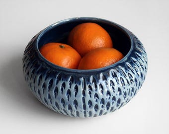 Hand-thrown carved blue porcelain bowl-One of a KInd