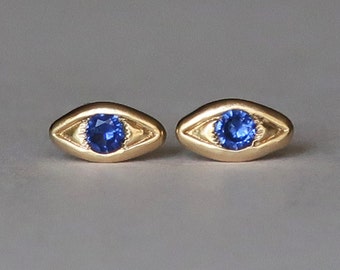 Yellow Gold with Blue Sapphire Evil Eye Stud Earrings