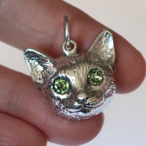 Large Size Sterling Silver Cat Charm with Green Peridot Eyes