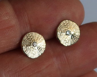 Tiny Gold & White Diamond Sea Cake Sand Dollar Stud Earrings