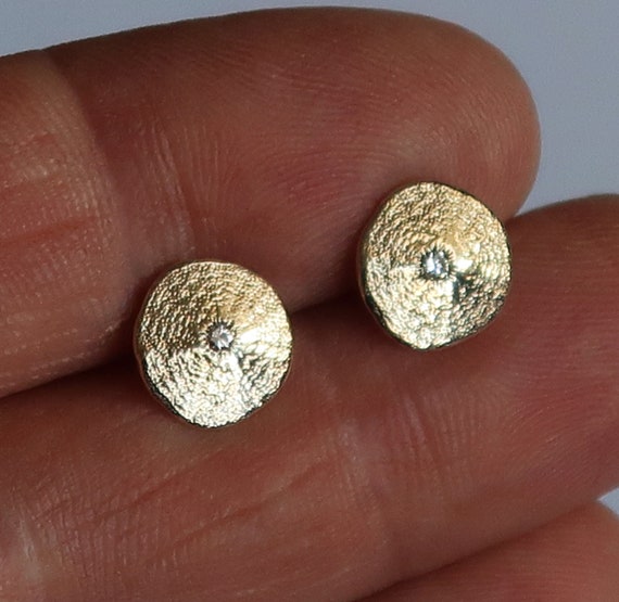 Tiny Gold & White Diamond Sea Cake Sand Dollar Stud Earrings