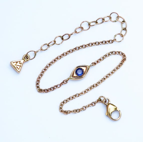 10k Yellow Gold and Blue Sapphire Evil Eye Bracelet-Thin Chain