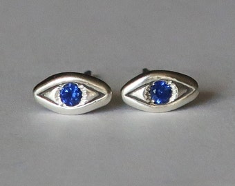 Sterling Silver with Blue Sapphire Evil Eye Stud Earrings