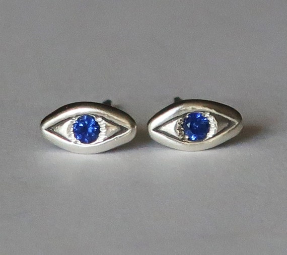 Sterling Silver with Blue Sapphire Evil Eye Stud Earrings