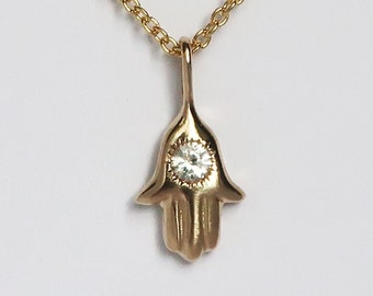 10k Yellow Gold and White Sapphire Hamsa Charm Necklace