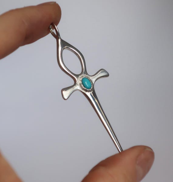 Sterling Silver and Turquoise Ankh Dagger Pendant-Ready to Ship