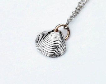 Tiny Solid Sterling Silver Clam Shell Charm Necklace-White Silver with Yellow Gold jump ring.