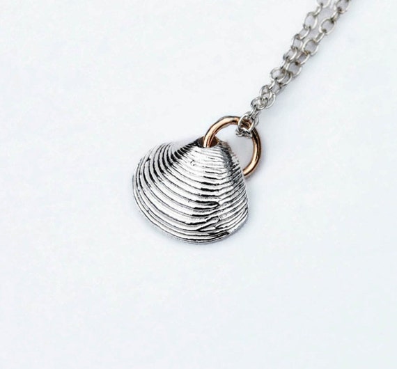 Tiny Solid Sterling Silver Clam Shell Charm Necklace-White Silver with Yellow Gold jump ring.