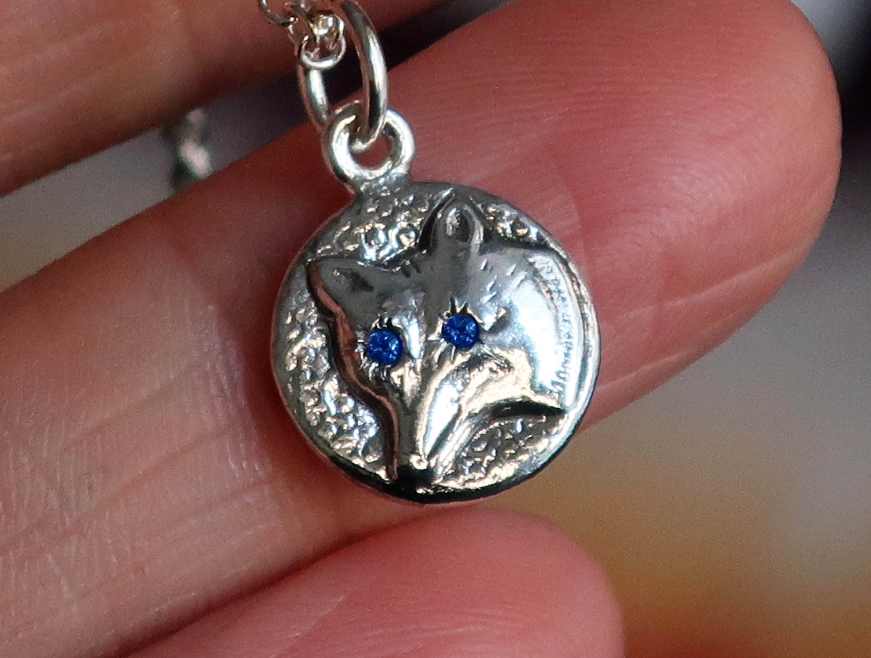 Sterling Silver Jeweled Wolf Charm Necklaceblue eyesReady to Ship