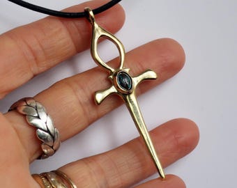 Brass and Genuine Boulder Opal Ankh Dagger Pendant-Ready to Ship