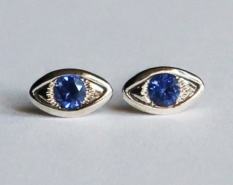 Ready to Ship-Solid Sterling Silver with Blue Sapphire Evil Eye Stud Earrings