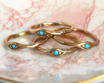 Gold Tone Brass and Turquoise Evil Eye Ring, Protection Amulet