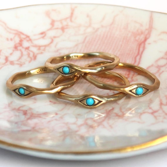 Gold Tone Brass and Turquoise Evil Eye Ring, Protection Amulet