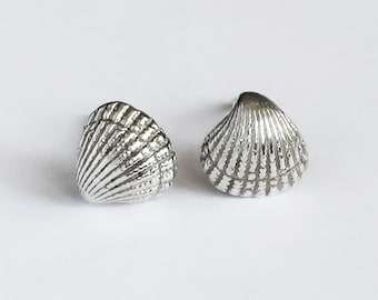 Tiny Silver Block Island Clam Shell Stud Earrings