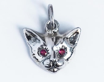 Valentines Day Silver Kitty Cat Charm with Ruby Eyes