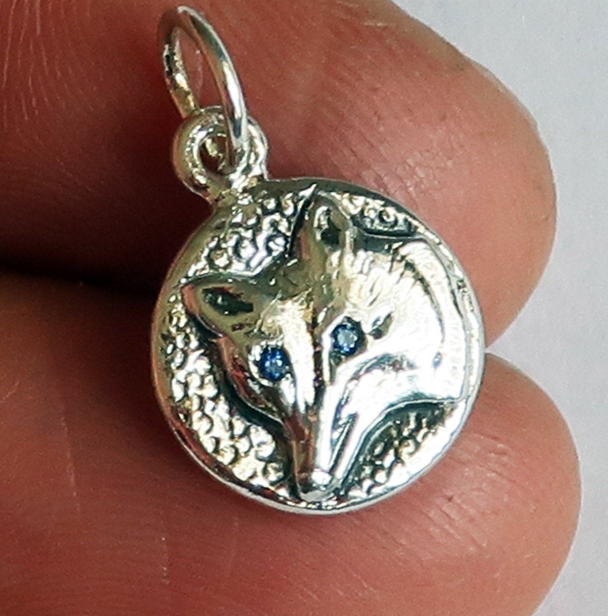 Sterling Silver Jeweled Wolf Charm Necklace-blue sapphire eyes