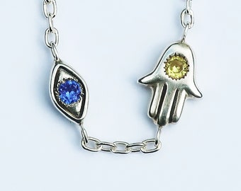 Sterling Silver, Yellow and Blue Sapphire, Evil Eye Hamsa Bracelet