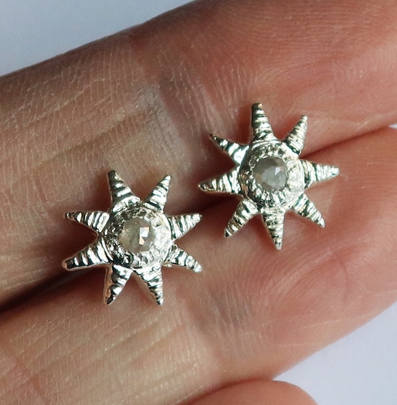 Ready to Ship-Sterling Silver and Pale Grey Rose Cut Diamond Celestial Stud Earrings