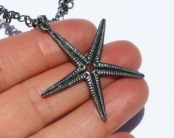 Large Blackened Sterling Silver Starfish Charm with Red Rose Cut Diamond Center on oxidized sterling silver ringlet chain