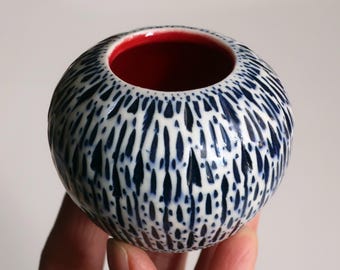 Red, White, and Blue hand thrown carved and painted, glazed small porcelain vessel-One of a KInd